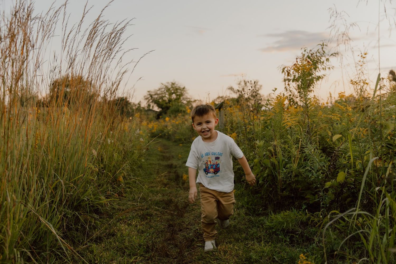 A series of photos shows a person walking through tall grass and wildflowers in a natural meadow at sunset.