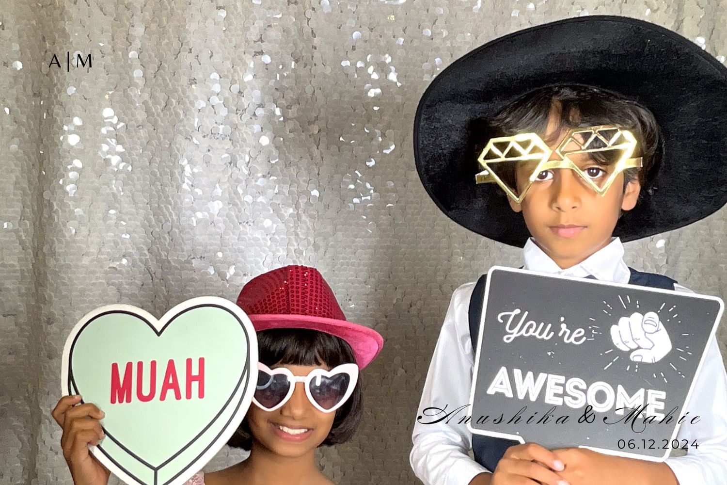 A collection of modern photo booth style selfie images with fun text overlays and props like sunglasses and hats.