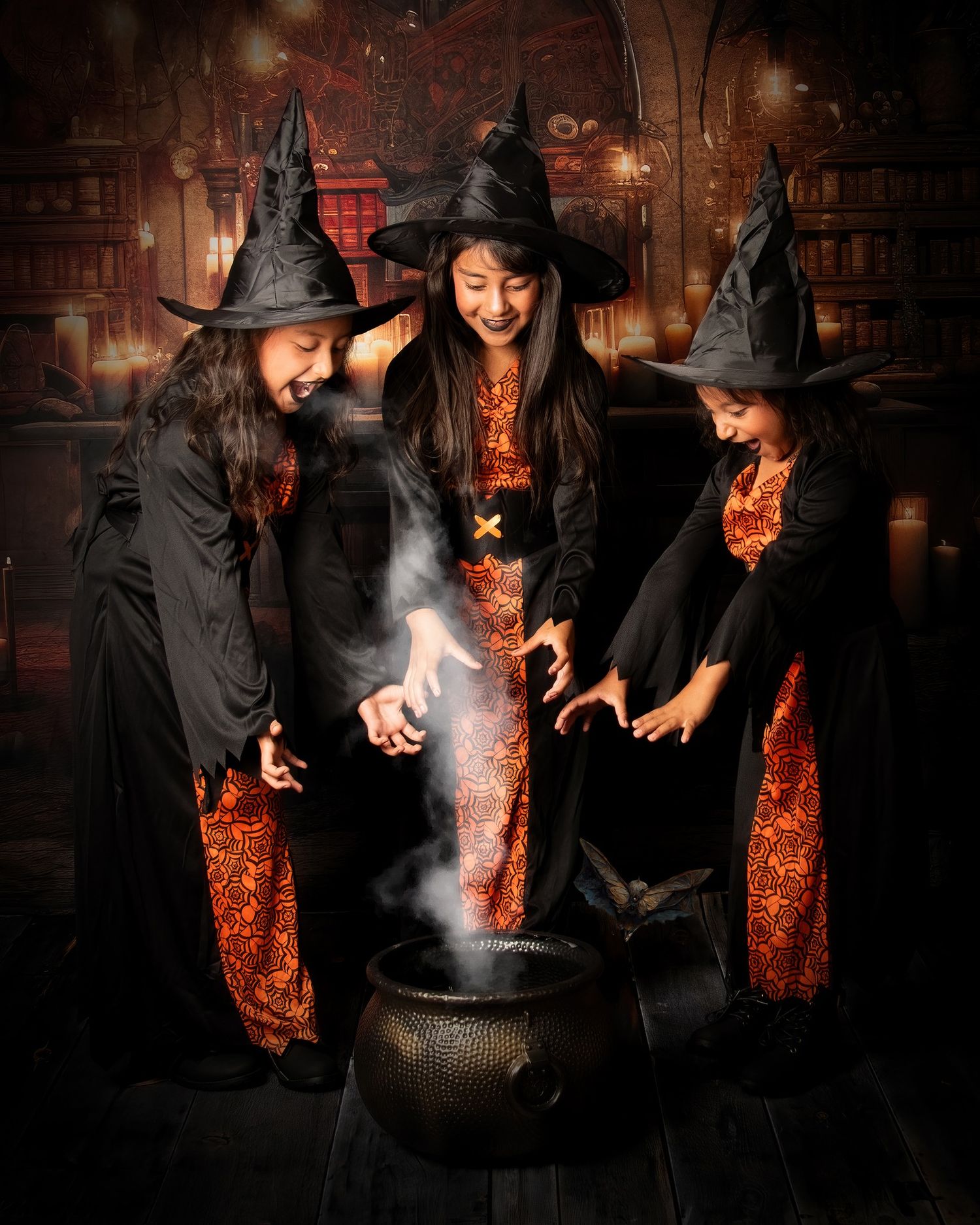 Three Halloween themed figures in dark clothing huddle around a glowing cauldron casting mystical spells in dramatic lighting.