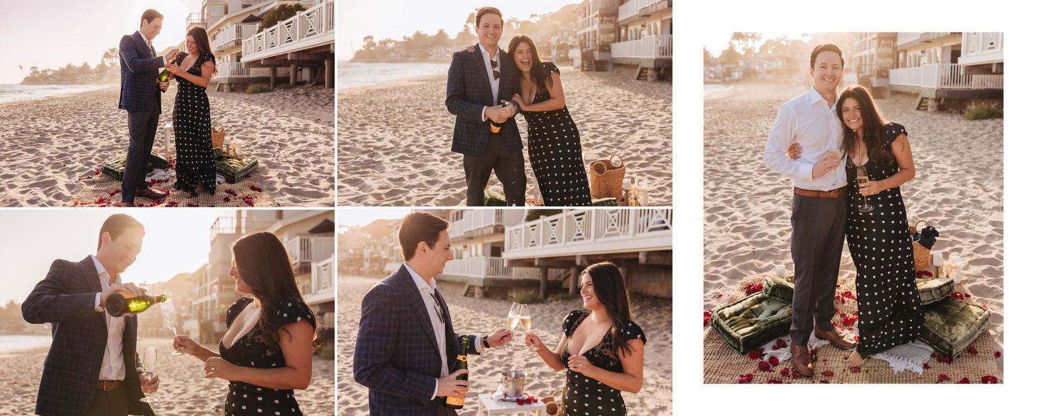 A collage of romantic beach proposal moments at sunset.