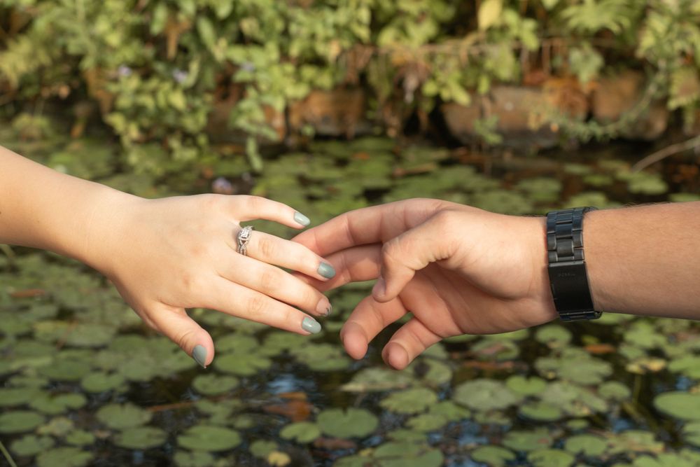 Two hands reaching towards each other against a background of lily pads in water.