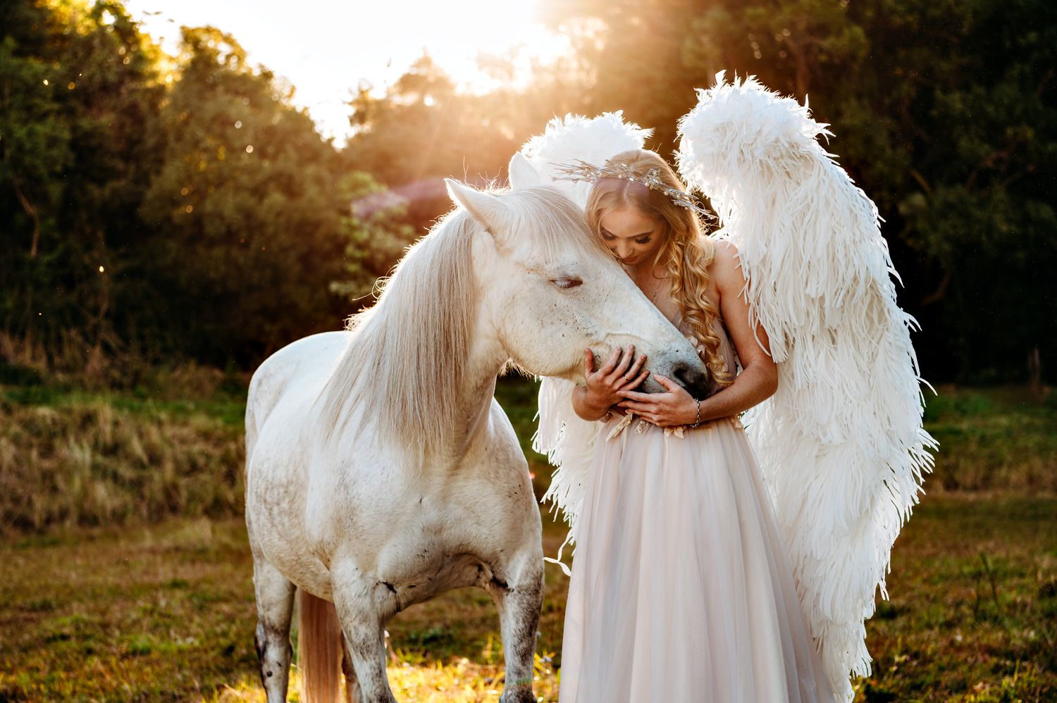 White ponies graze in a sunlit field with ethereal golden lighting.