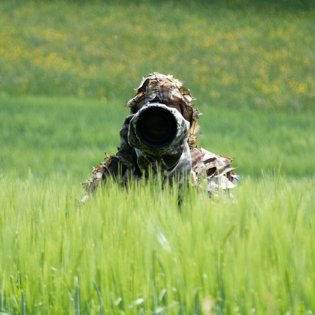 Wildlife photographer concealed in tall grass with camera lens pointing forward.