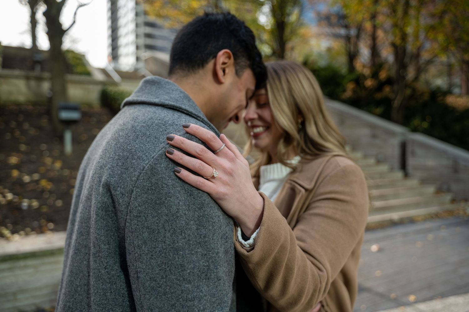 Engagement photo of couple at Lakeshore Park in Chicago.