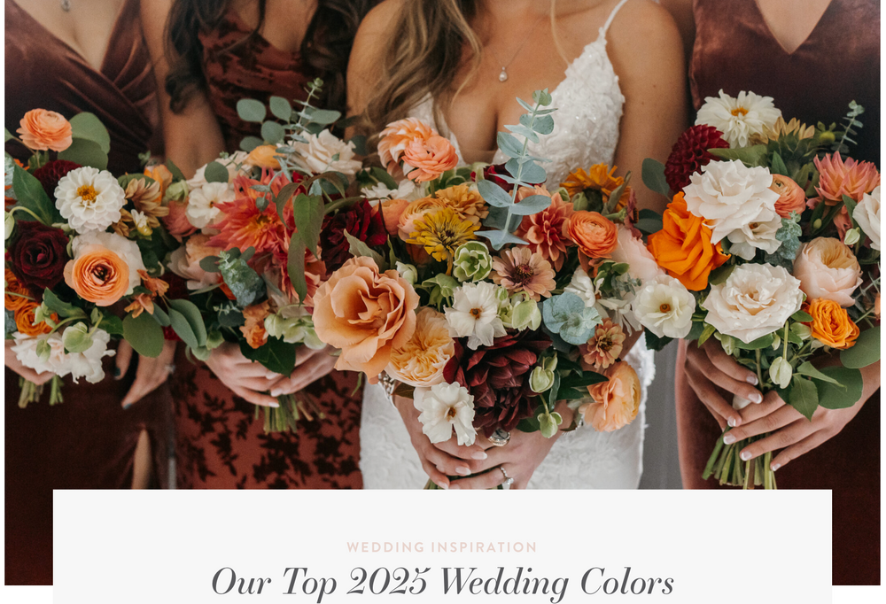 Vibrant wedding bouquets featuring peach, orange and white roses with greenery against a dark background.