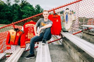 A collage of athletic poses on red stadium bleachers during an outdoor photoshoot.