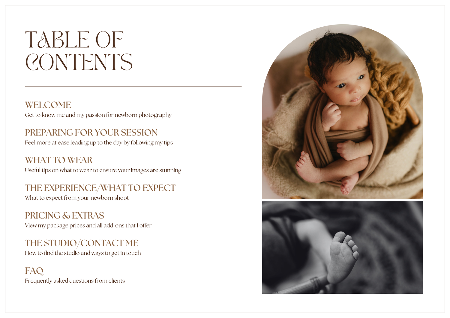 Photography guide table of contents with newborn photo samples.