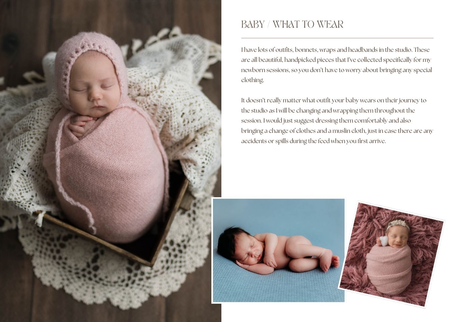 Photography guide showing wardrobe tips with pink-swaddled newborn examples.
