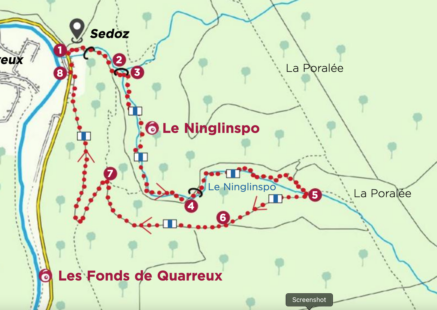 Partial trail map showing hiking routes near Le Ninglinspo and Les Fonds de Quarreux with red dotted paths and blue waterways.