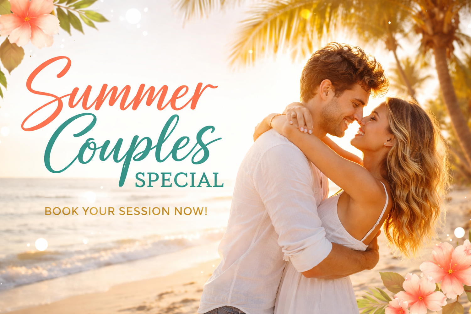 Romantic couple embracing on a tropical beach at sunset for a Summer Couples Special photography session promotion.