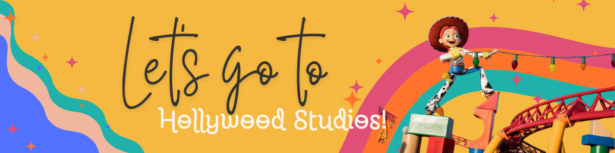 Colorful promotional banner for Hollywood Studios featuring retro design elements and curved text.