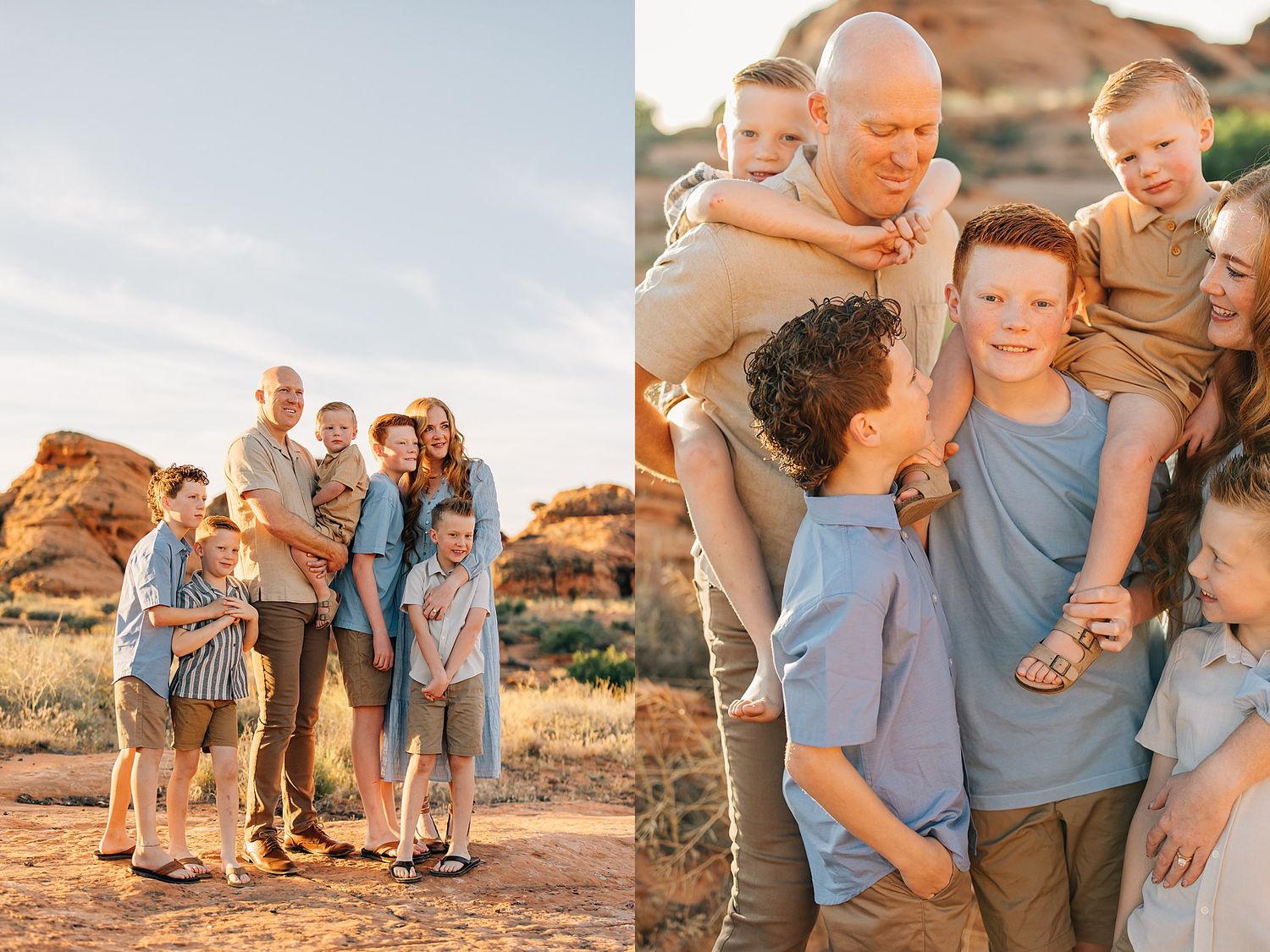 Large family posing and laughing together near red rock desert landscape during golden hour photography session.