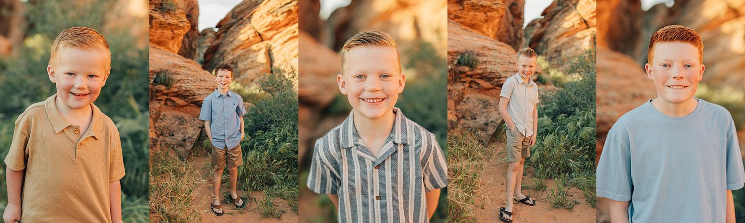 Three young red-haired boys smiling outdoors near red rock formations during a family photo session.