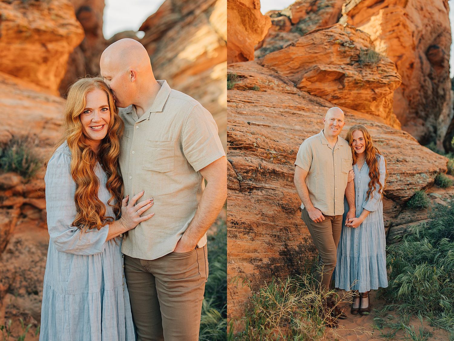 Couple poses romantically against red rock formations in a desert landscape, wearing coordinating neutral tones.