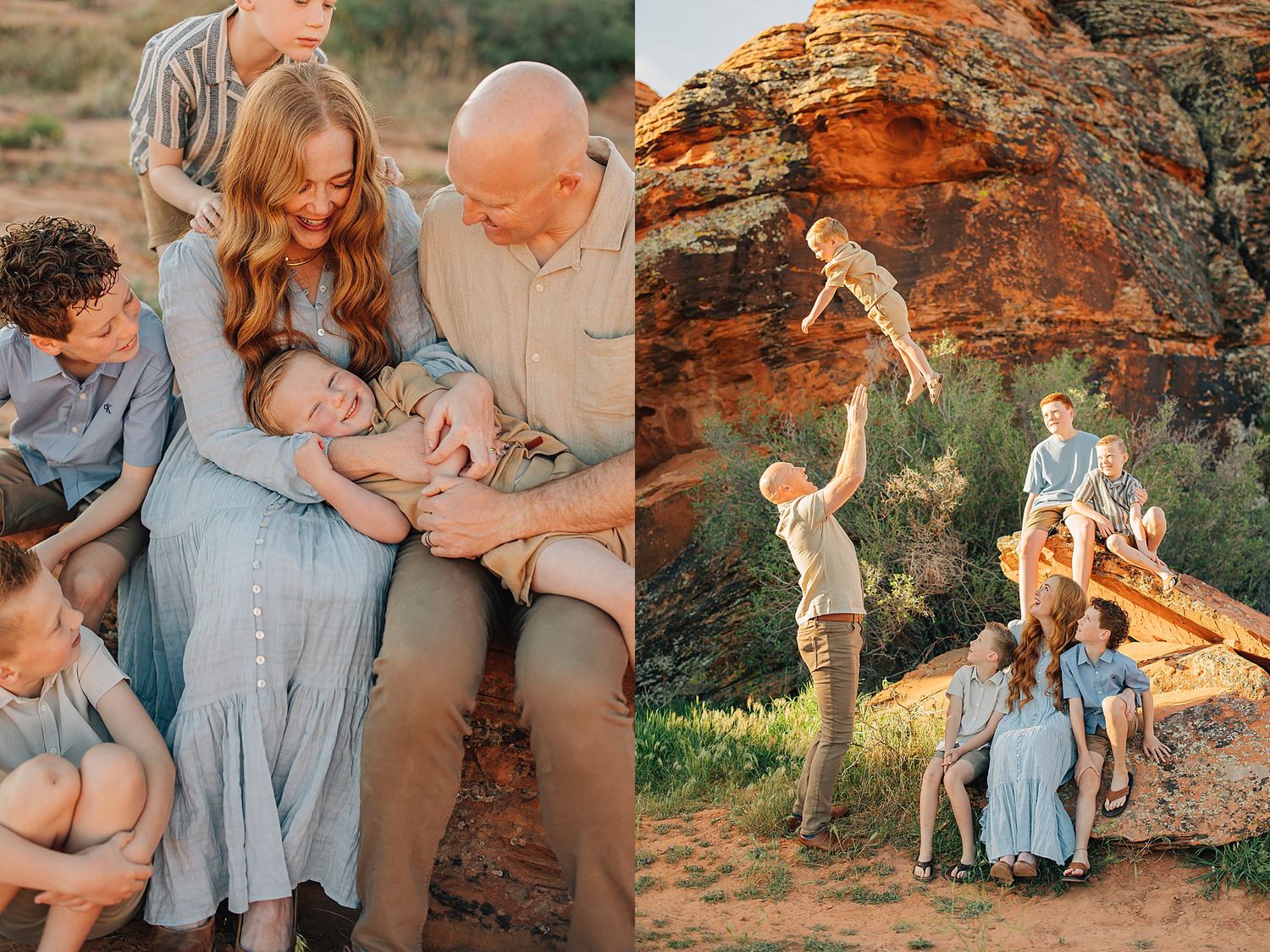 Family portrait session in desert landscape with parents and children laughing closely, and dad tossing child in air near red rock.