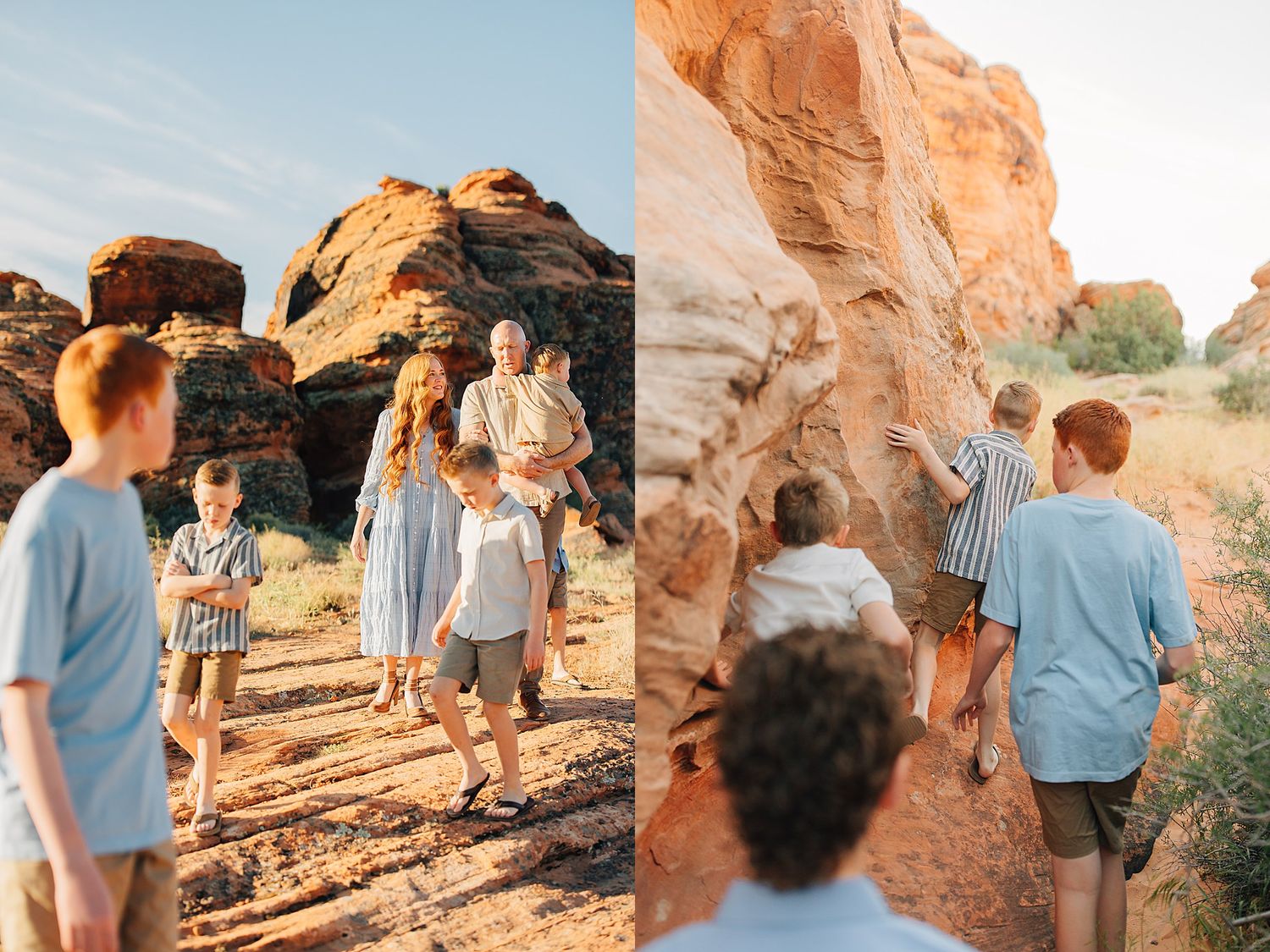 Family with children exploring red rock desert landscape on a sunny day, with towering sandstone formations in the background.