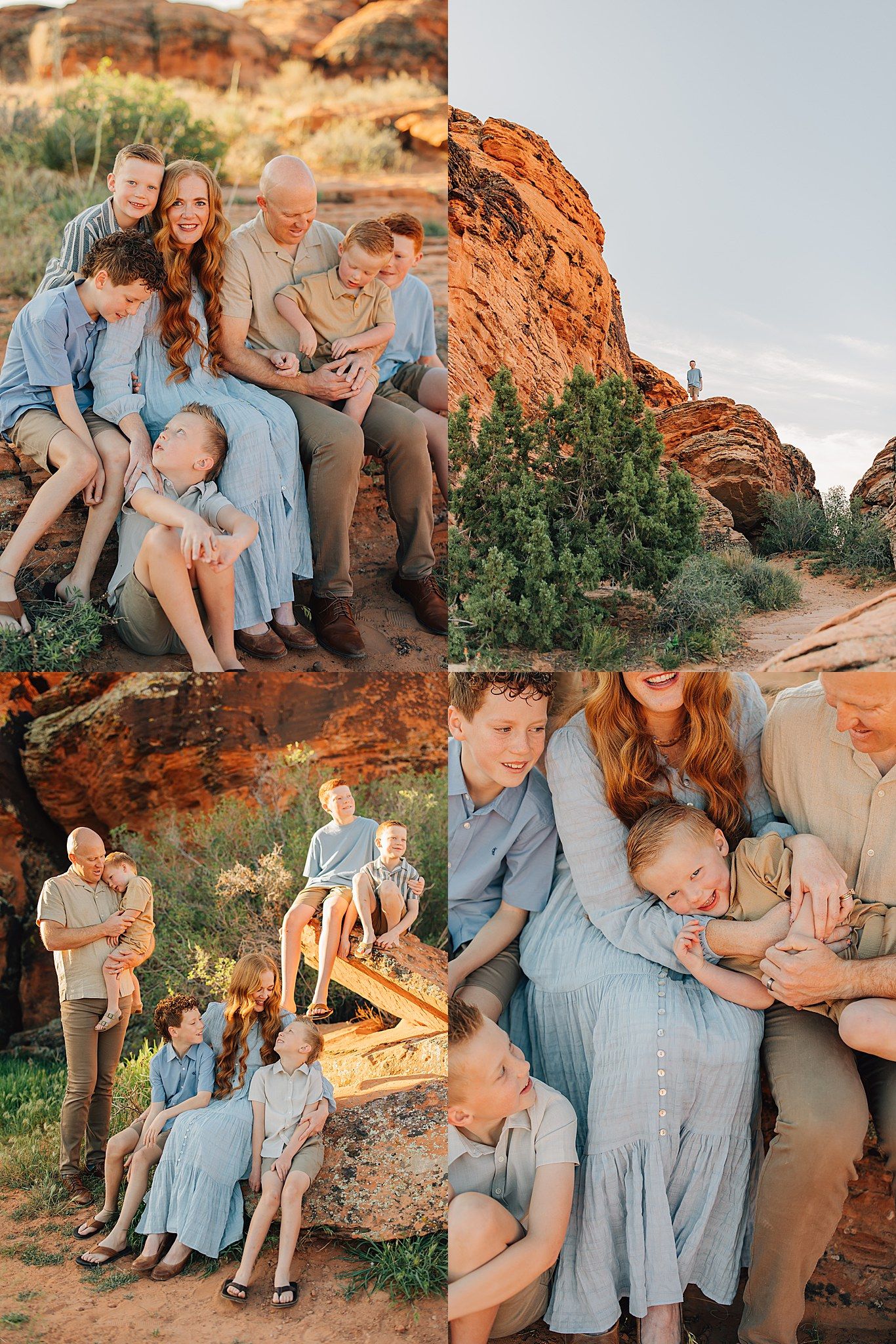 Family portrait session among red rock formations, featuring multiple generations in coordinated blue and neutral outfits outdoors.