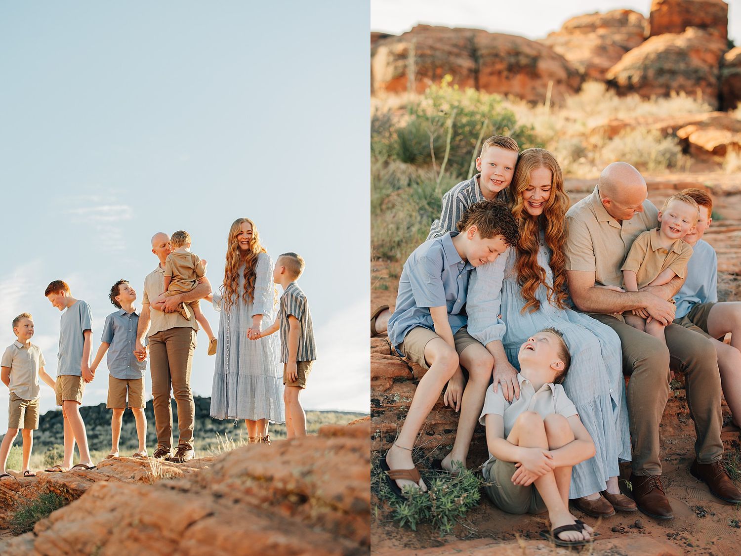 Family portrait of parents with five children sitting and standing on red rocks at sunset.
