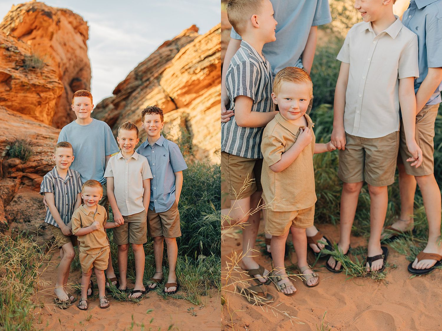 Four young brothers posing together in coordinated outfits at a red rock desert setting.