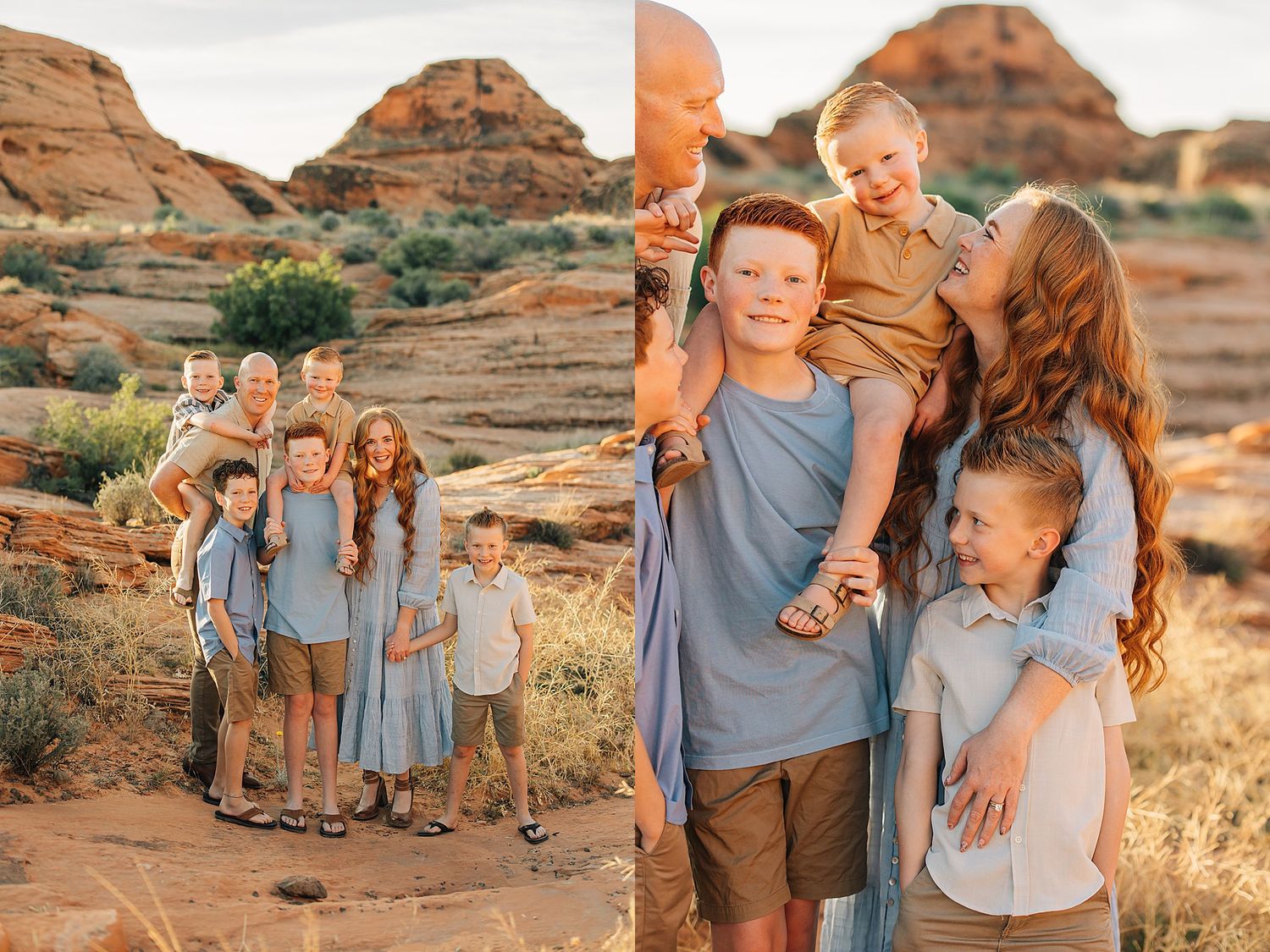 Family portrait session in red rock desert landscape, parents with five children in coordinating blue and tan outfits.