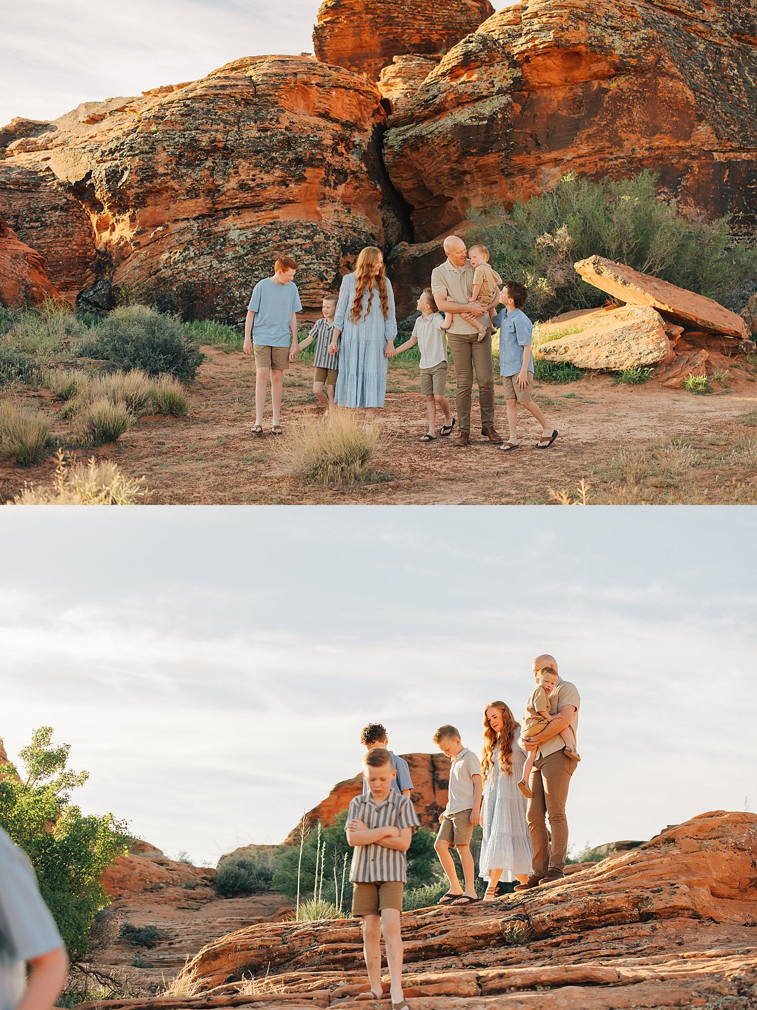 Family posing among red rock formations in a desert landscape during golden hour photography session.