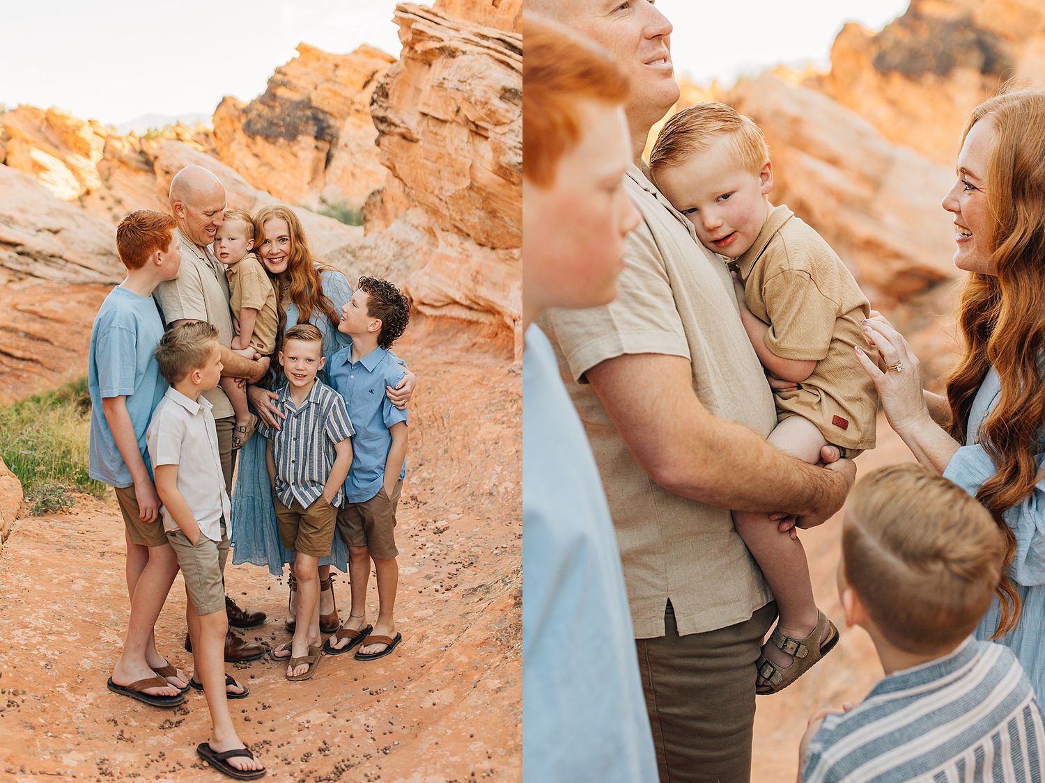 Family with several children posing together among red rock formations in the desert during golden hour.