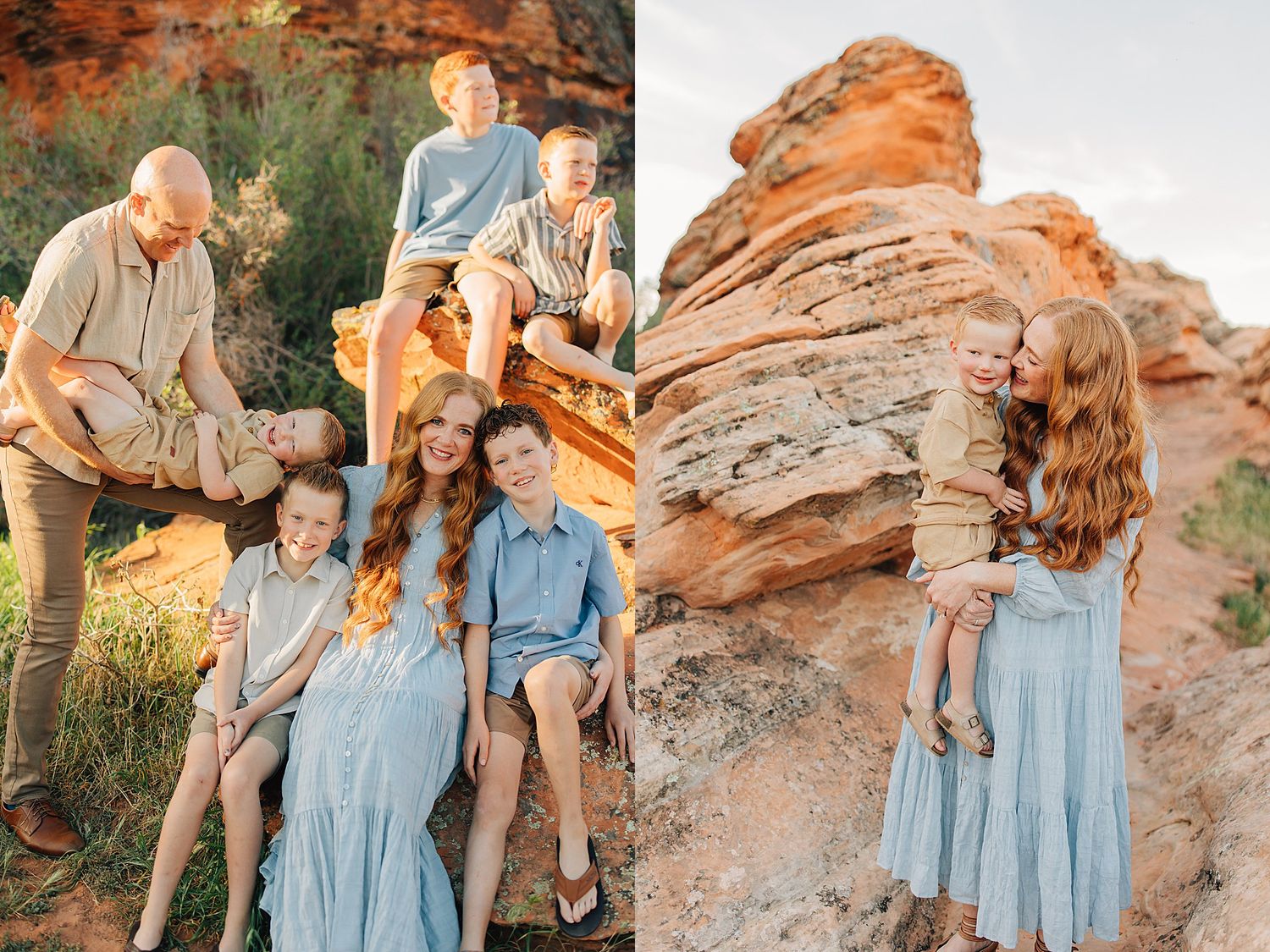 Family poses on red rock formations in a desert landscape, children in blue outfits with a girl showing long red hair.