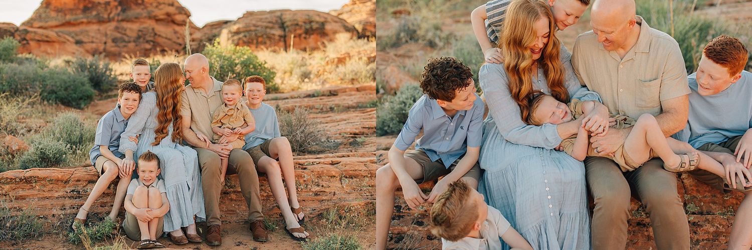 Family portrait session in Sedona Arizona red rock landscape with parents and children in coordinating blue outfits.