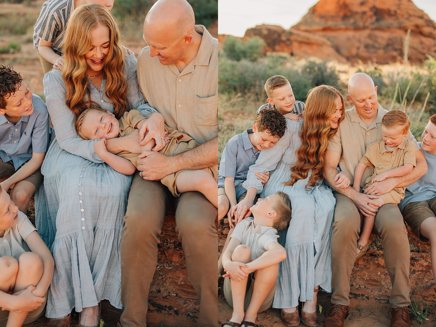 Family portrait session in red rock desert, parents with newborn baby surrounded by children in coordinating blue and tan outfits.