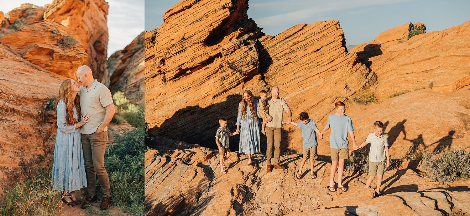A family of six poses together on red sandstone rocks in a scenic desert canyon during golden hour.