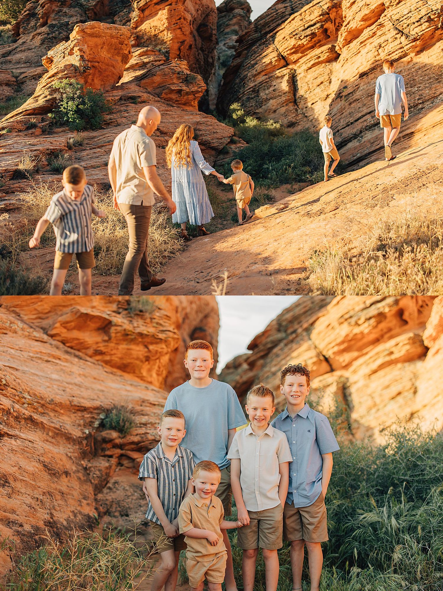 Family photo session at red rock canyon featuring parents with three young boys exploring scenic sandstone formations.