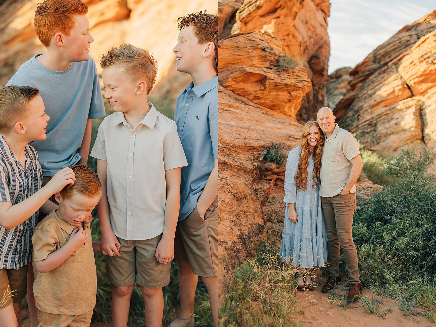 Four red-haired boys pose near red rock formations, while a couple stands together in golden desert light.