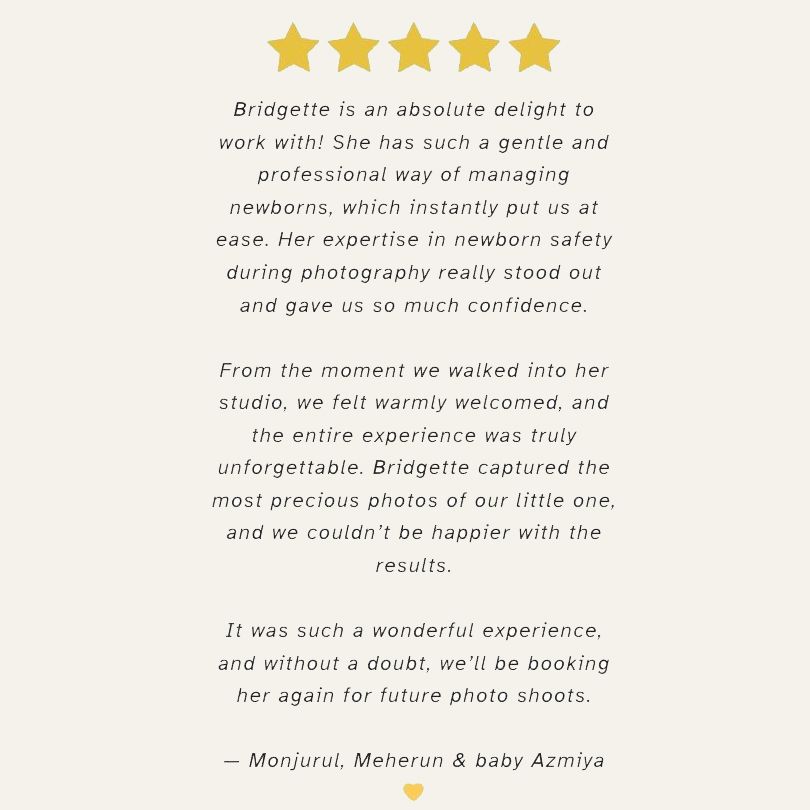 Five-star review praising Bridgette's newborn photography studio for safety expertise and capturing precious baby photos.