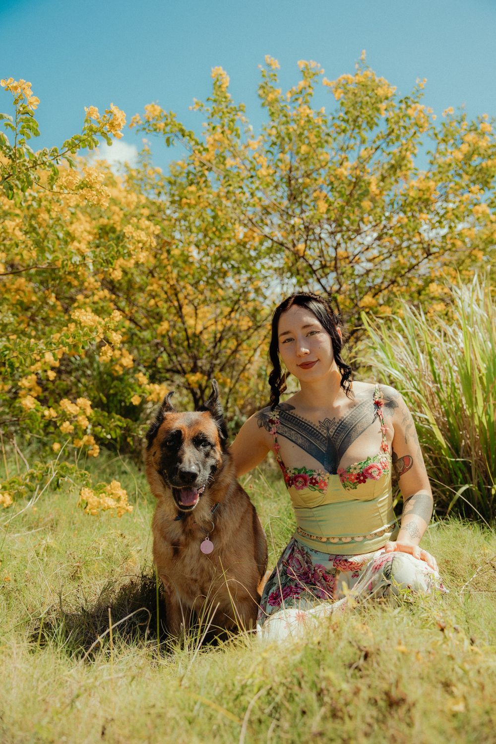 Woman with tattoos sits beside a German Shepherd dog on grass with yellow flowering bushes under blue sky.