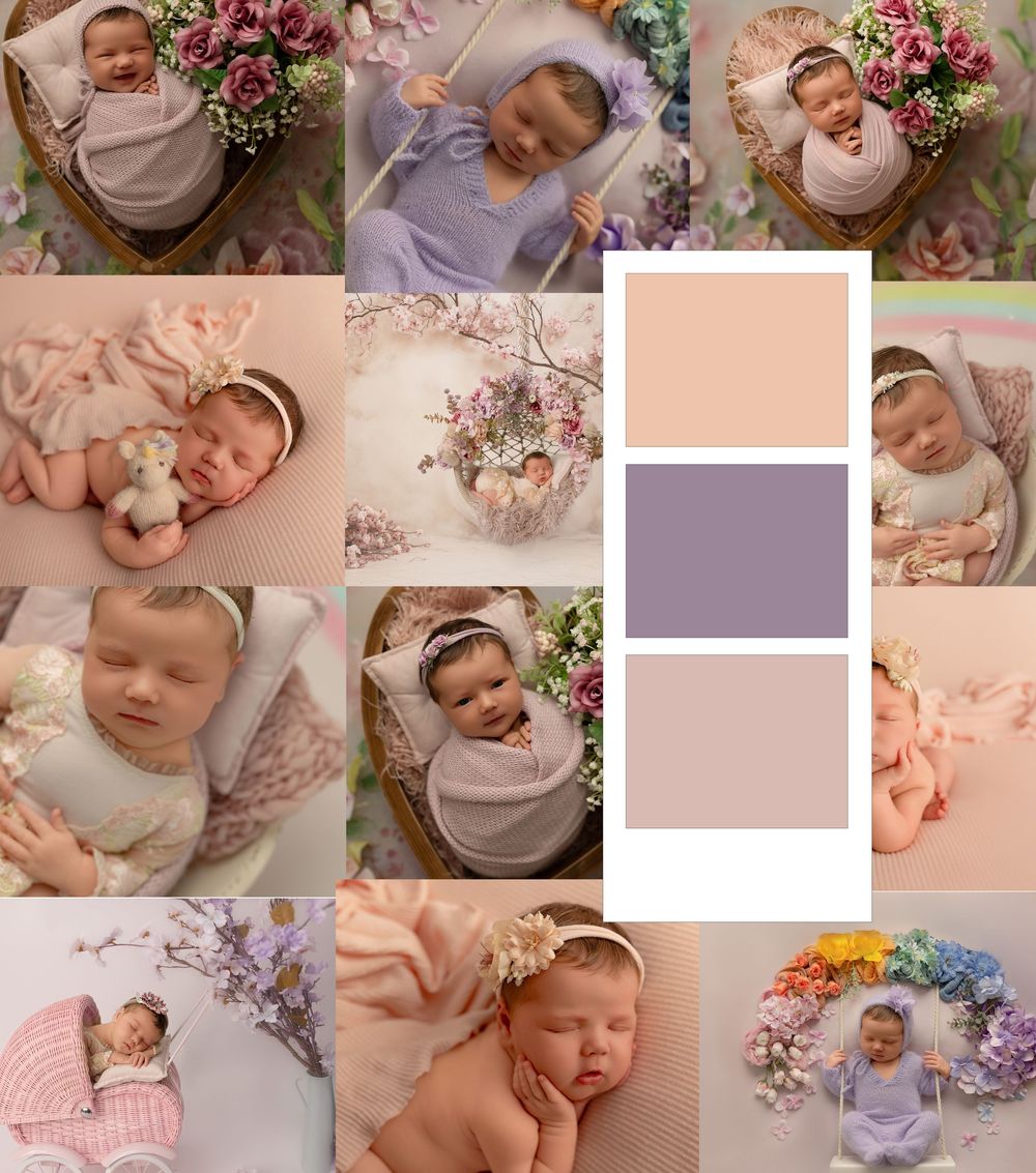 Soft pink and purple newborn photography collage featuring a baby girl in floral arrangements with a pastel color palette.