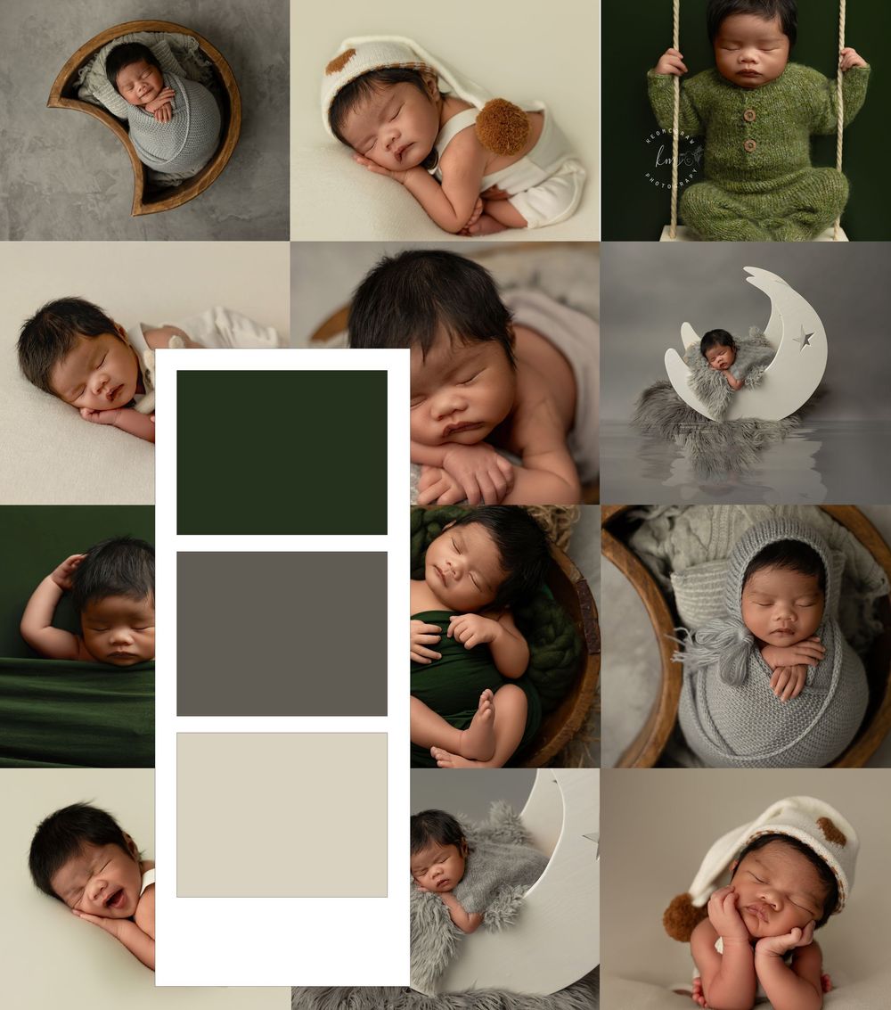 Newborn photography collage featuring a baby boy in green and neutral tones, posed in bowls, swings, and moon props.
