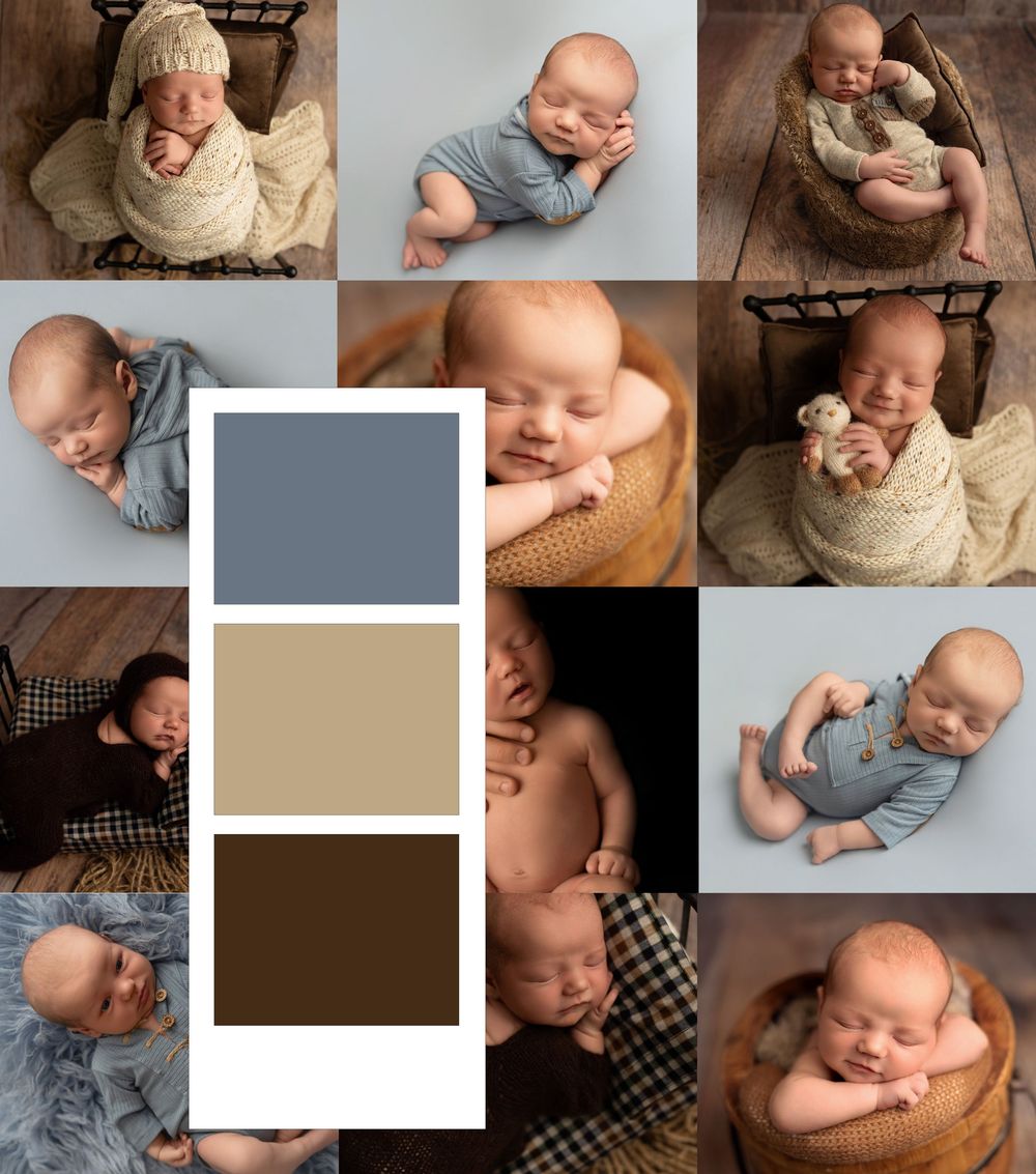 Newborn baby boy photography collage with slate blue, tan, and brown color palette featuring cozy wraps and baskets.