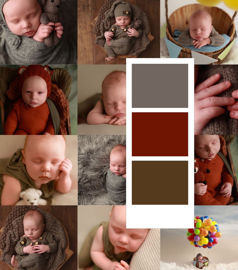 Newborn baby photo collage featuring sleeping infants in brown, rust, and olive tones with soft textures and props.