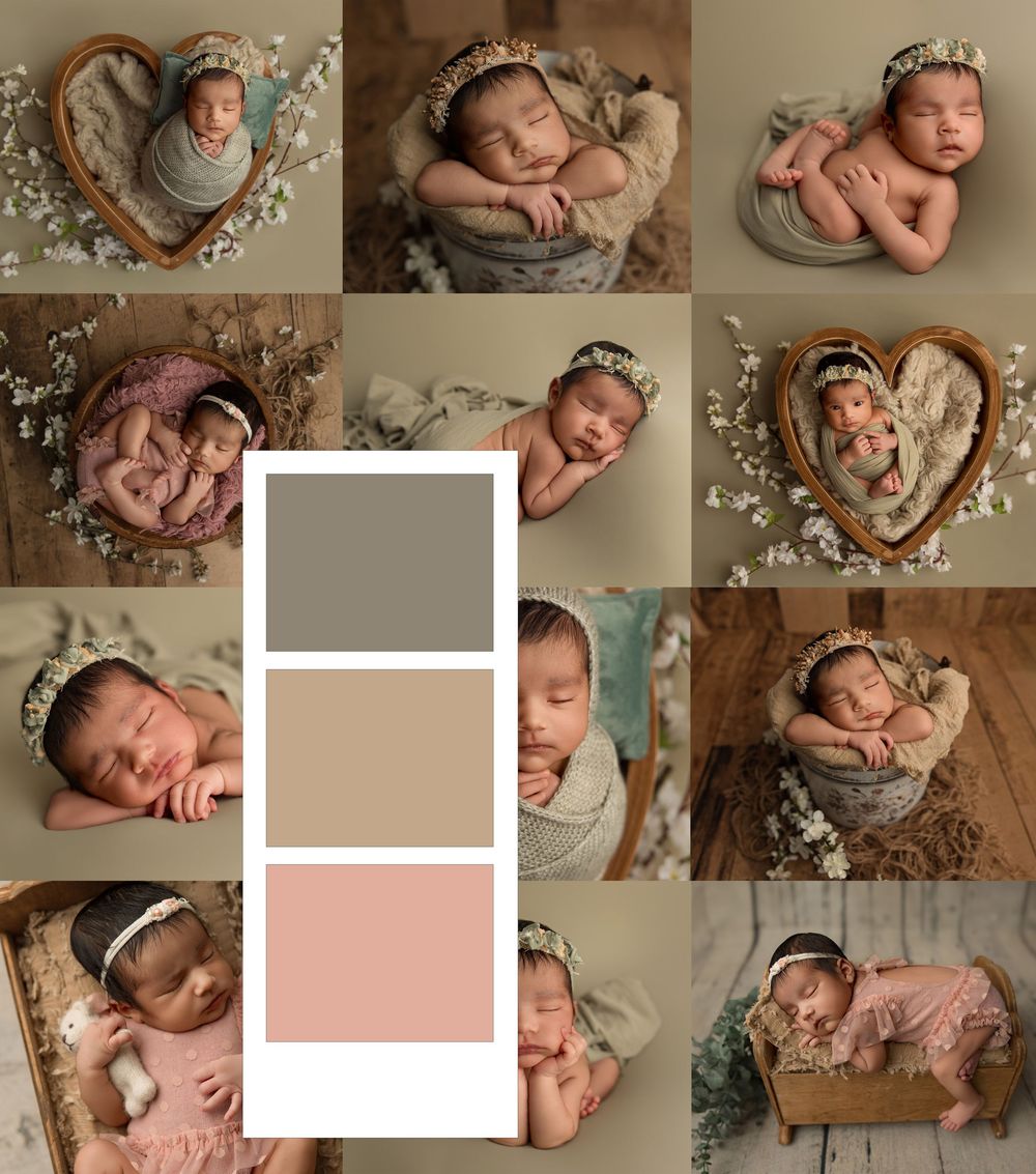 Newborn baby photography collage featuring sleeping infant in soft pink and neutral tones with floral props and wooden baskets.