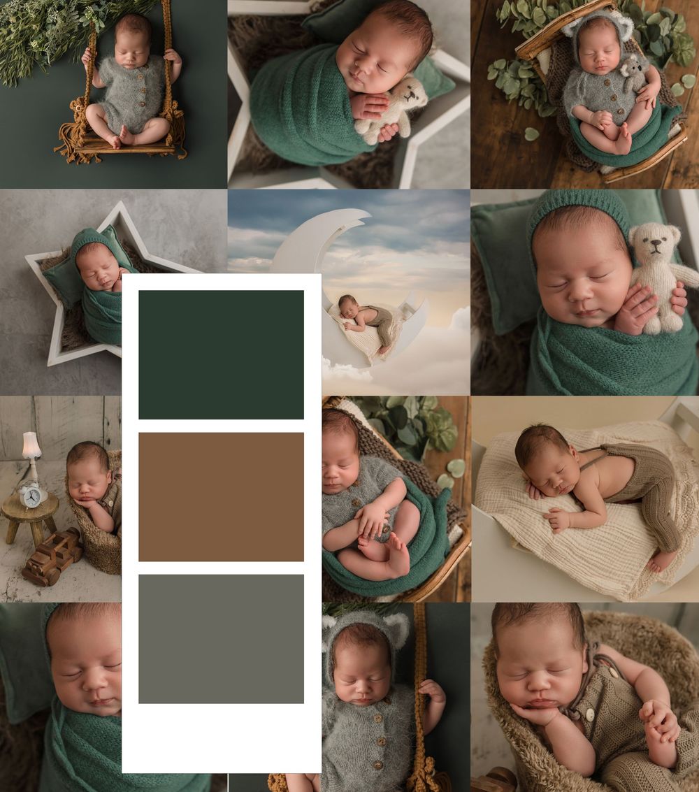 Earthy green and brown newborn photography collage featuring a baby boy in cozy wraps and woodland-themed setups.