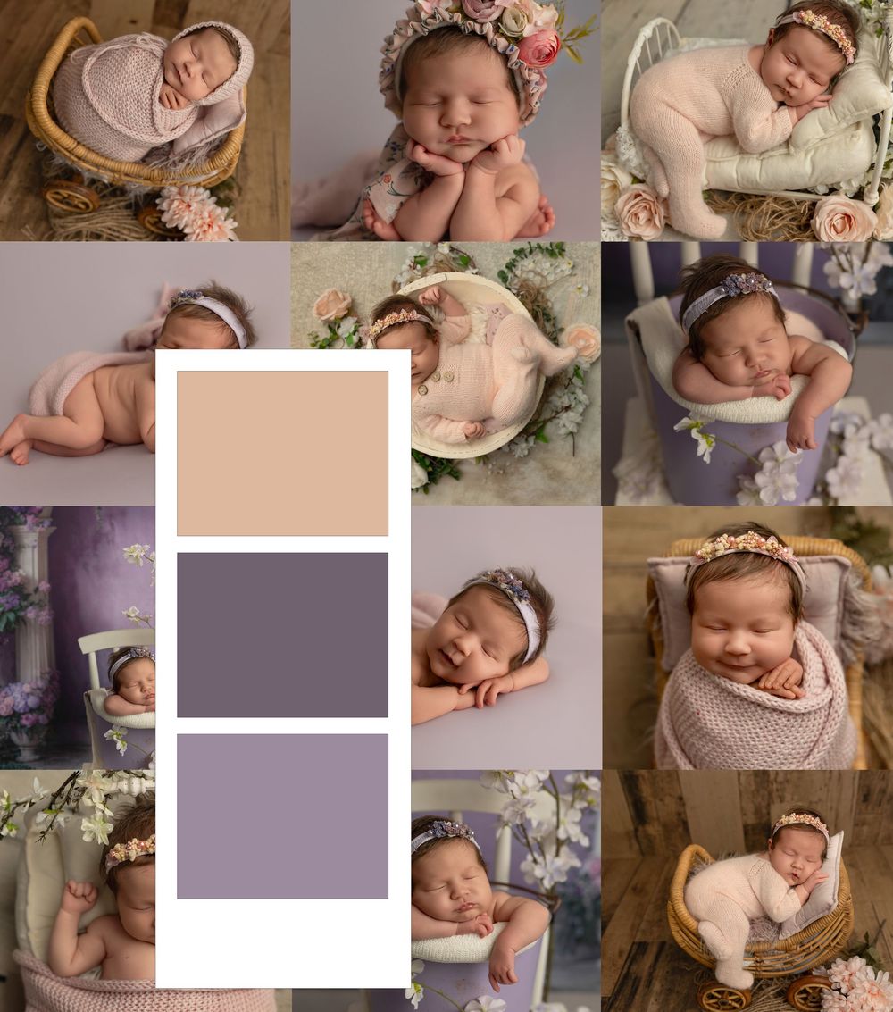 Newborn baby photo collage with purple and beige color palette swatches, featuring sleeping infant portraits in bowls and baskets.