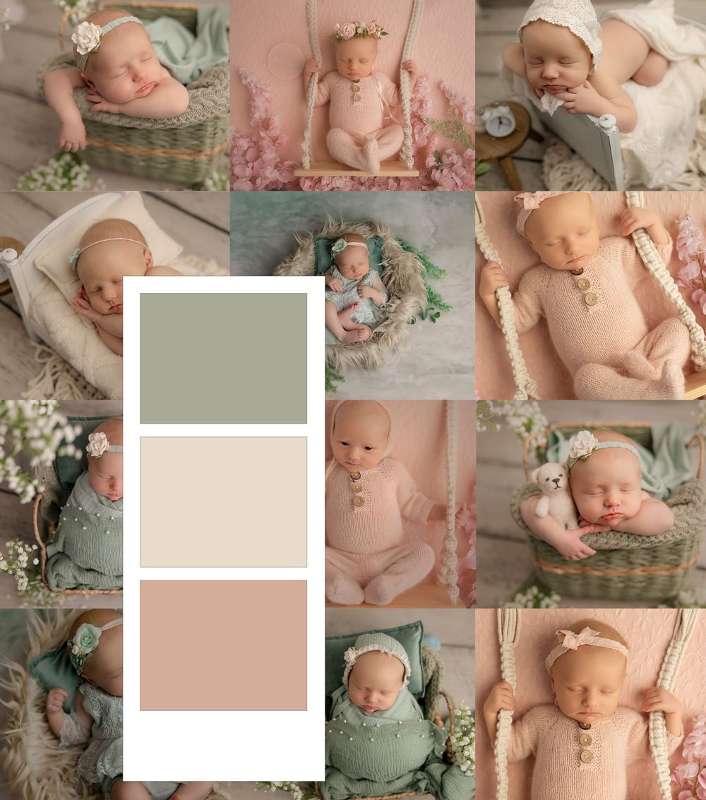 Newborn baby girl photography collage with sage green, cream, and dusty rose color palette featuring floral props.