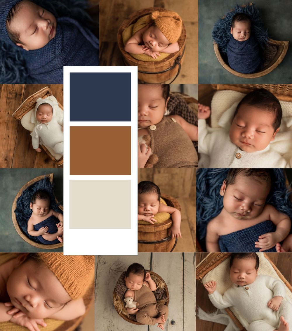 Newborn baby photography collage with navy blue, caramel brown, and cream color palette featuring basket props.