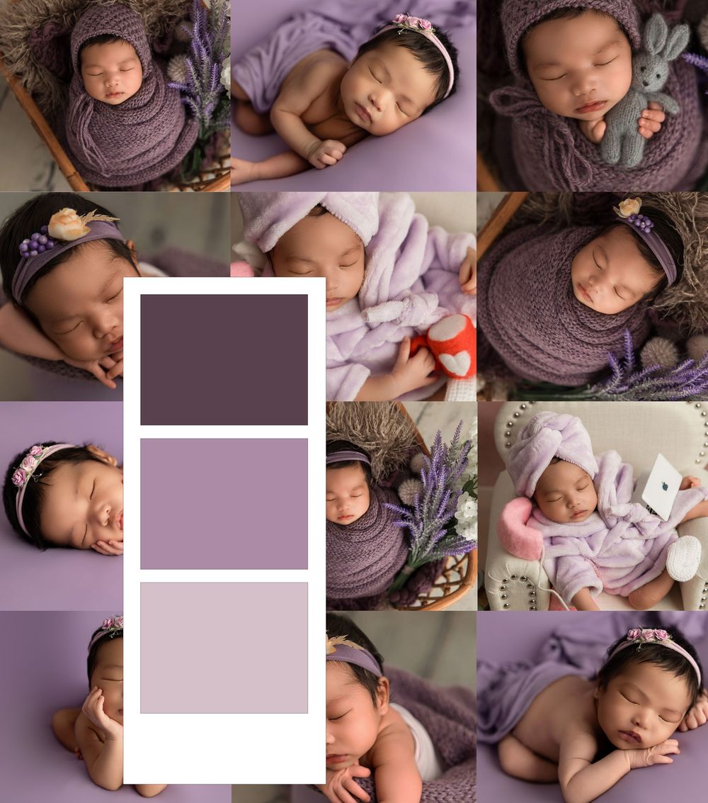 Newborn photography collage of a baby girl in purple and lavender tones, posed with floral and bunny props.