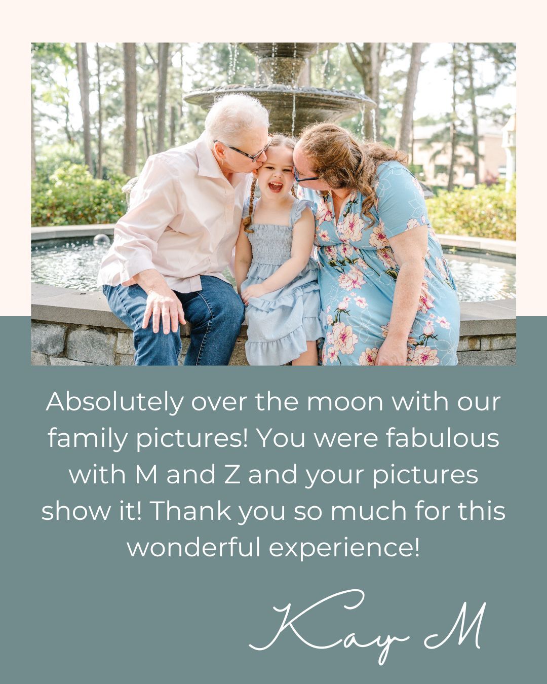Family photo session testimonial showing grandparents and child laughing by fountain, with five-star review from Kay M.
