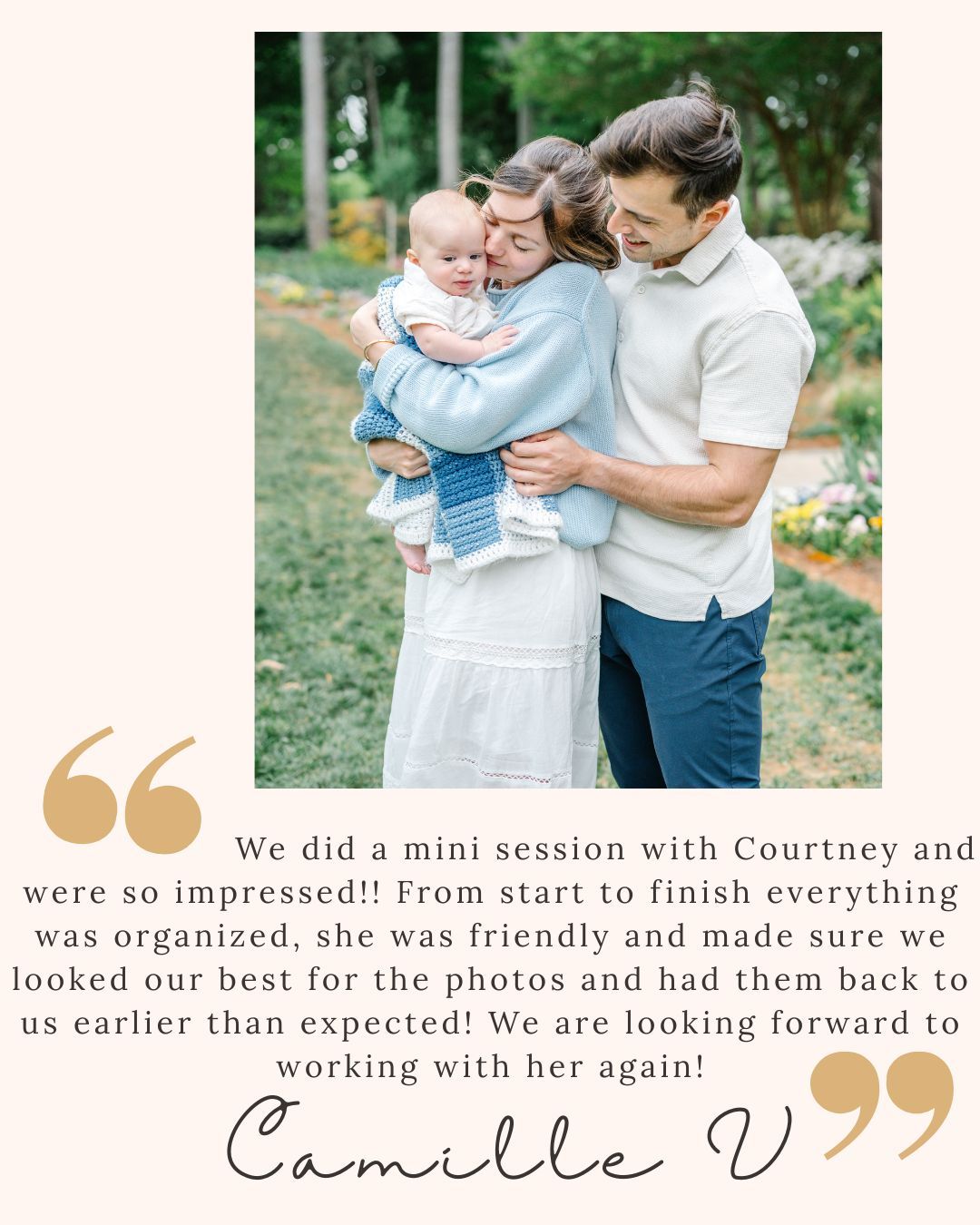 Family photography testimonial from Camille V praising photographer Courtney for an organized mini session with quick photo delivery.