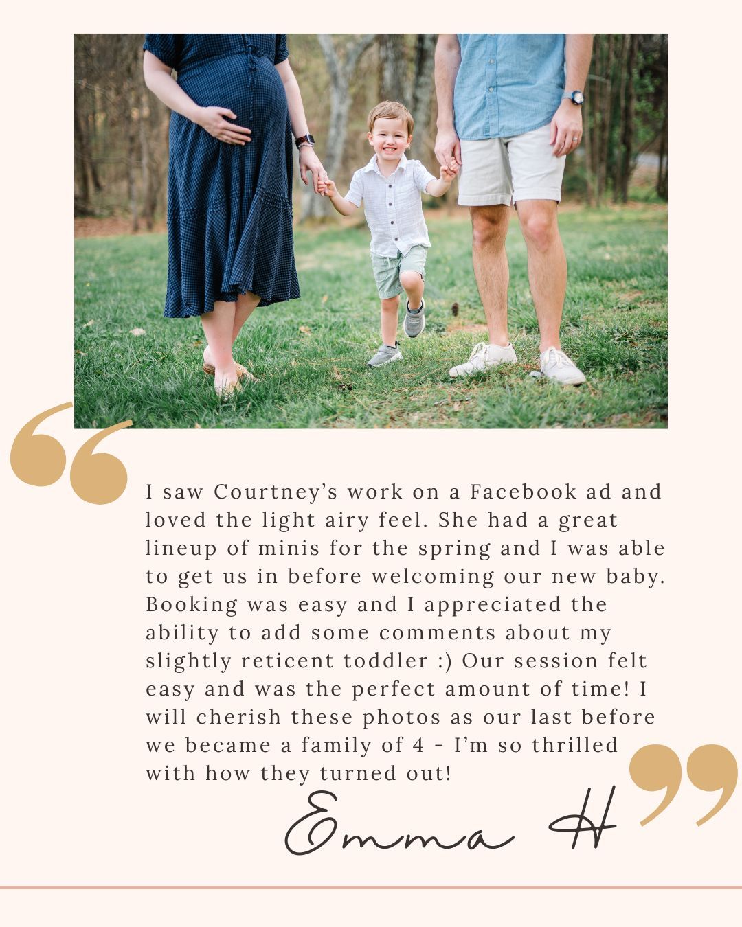 Maternity mini session testimonial from Emma H praising photographer Courtney discovered via Facebook ad for light airy photos.