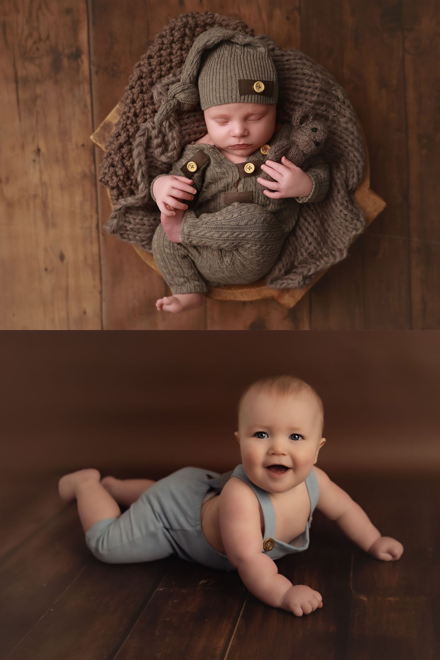 Two sleeping newborns nestled together in a rustic wooden basket with lace bedding and delicate floral decorations.