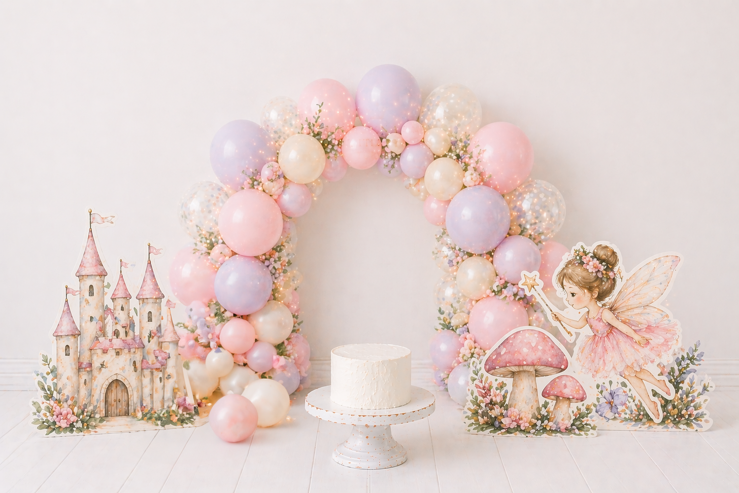 Pink princess fairy first birthday cake smash backdrop with castle, balloons, and floral arch decoration.