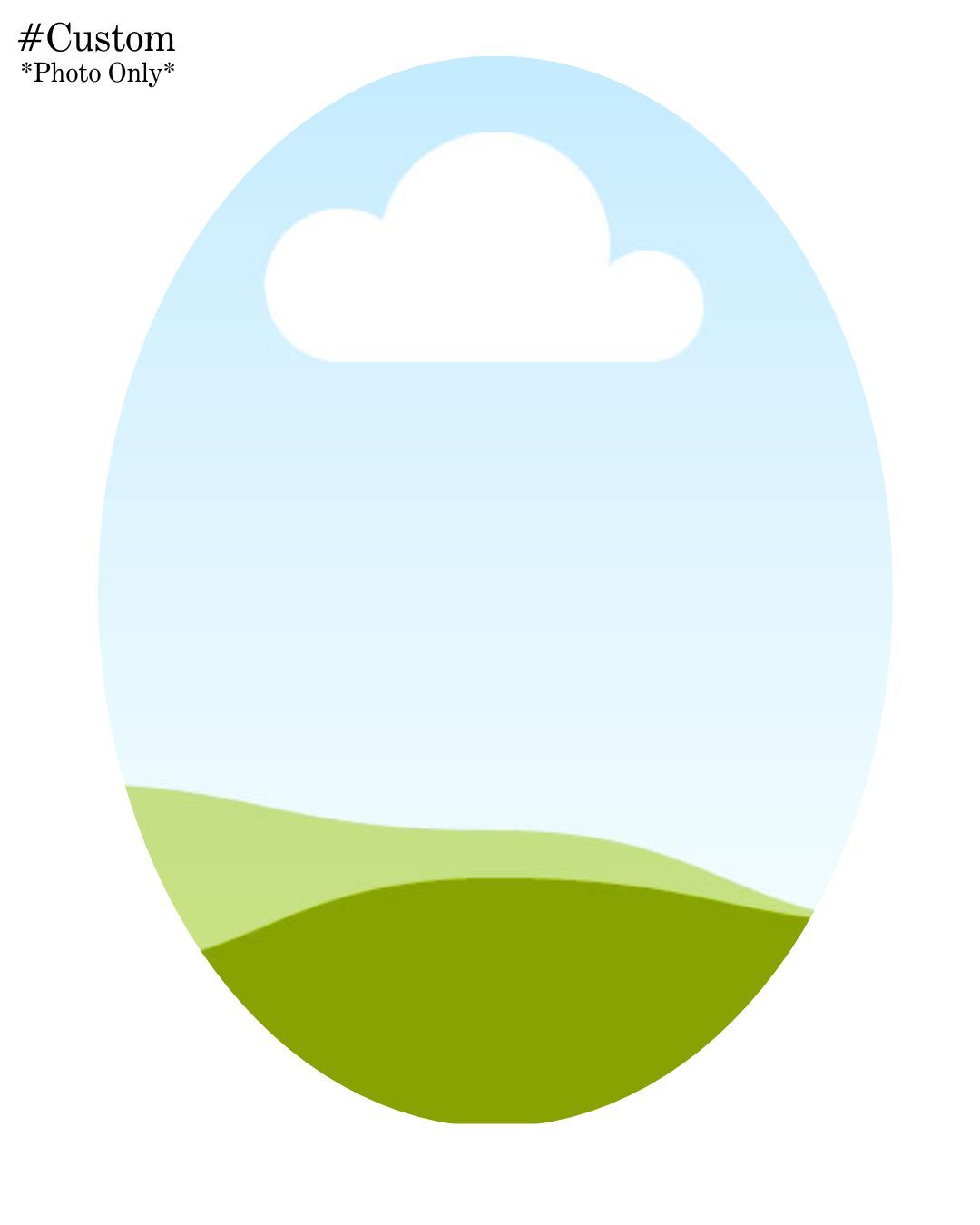 Oval-shaped illustration featuring a serene landscape with rolling green hills and a fluffy white cloud against a light blue sky.
